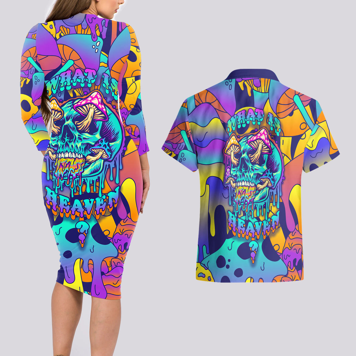 High Feel Skull Couples Matching Long Sleeve Bodycon Dress and Hawaiian Shirt What Is Heaven - Wonder Print Shop