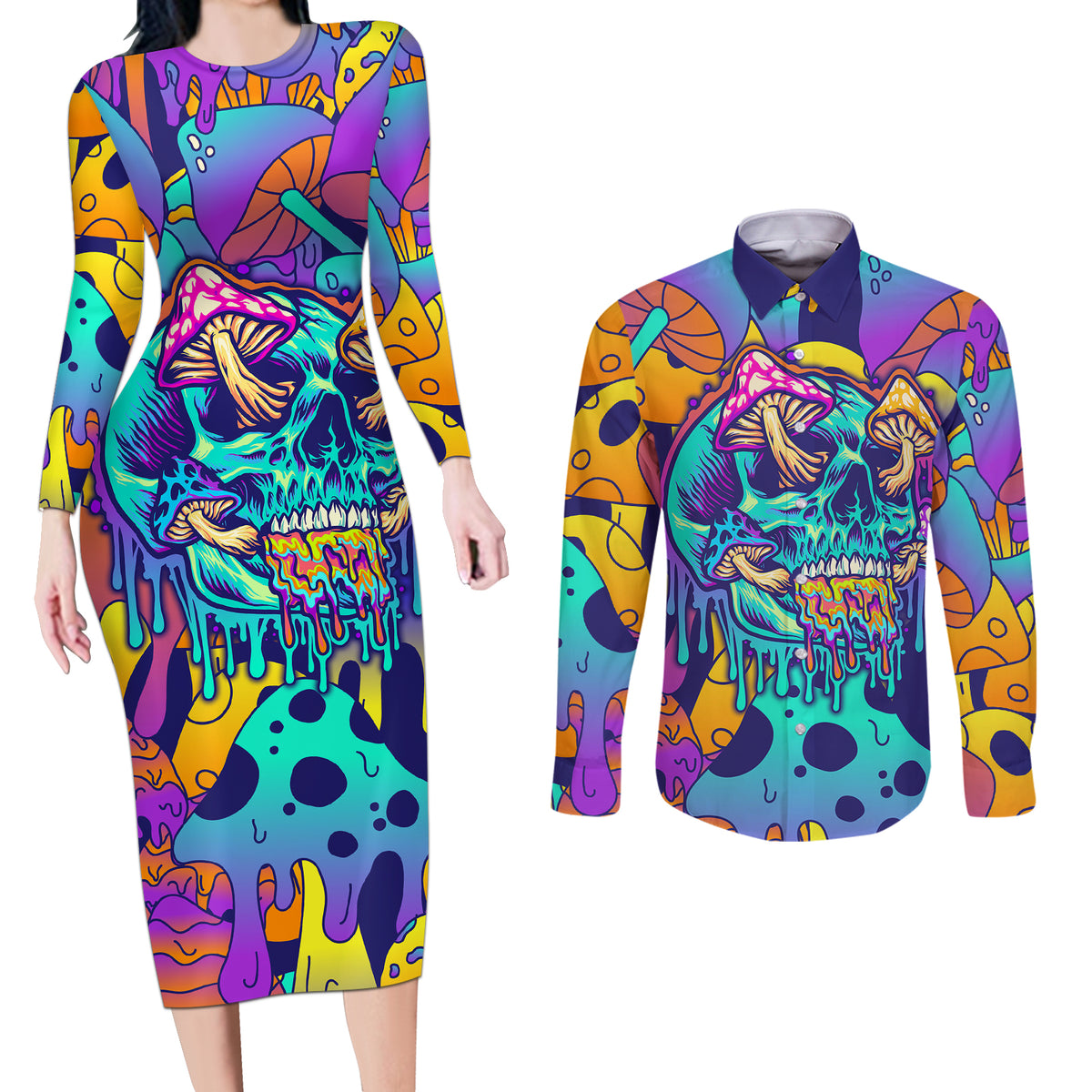 High Feel Skull Couples Matching Long Sleeve Bodycon Dress and Long Sleeve Button Shirts What Is Heaven - Wonder Print Shop