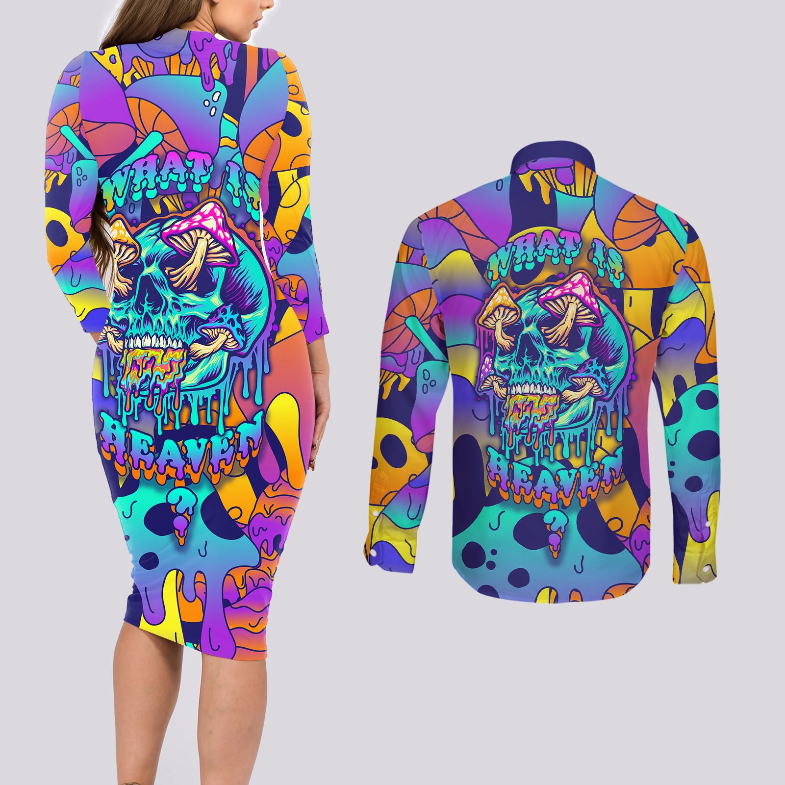 High Feel Skull Couples Matching Long Sleeve Bodycon Dress and Long Sleeve Button Shirts What Is Heaven - Wonder Print Shop