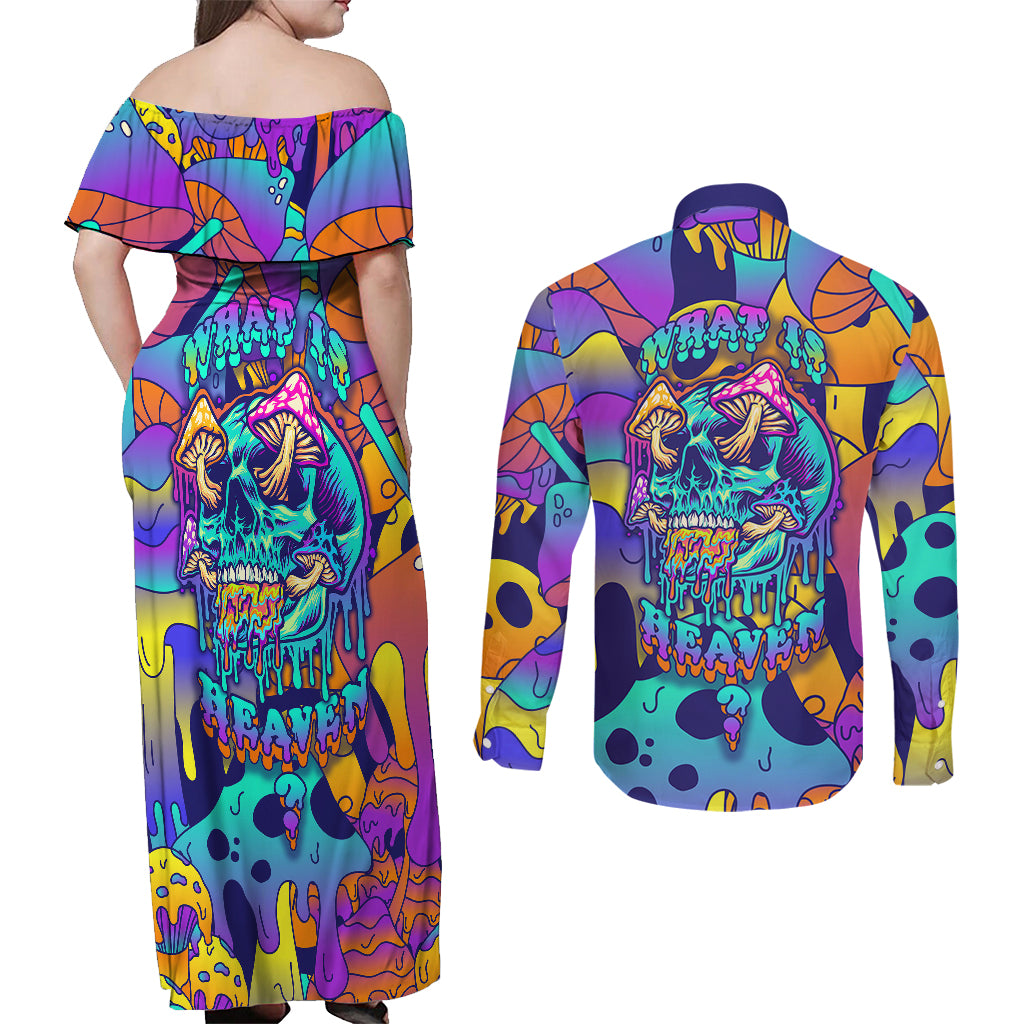 High Feel Skull Couples Matching Off Shoulder Maxi Dress and Long Sleeve Button Shirts What Is Heaven - Wonder Print Shop