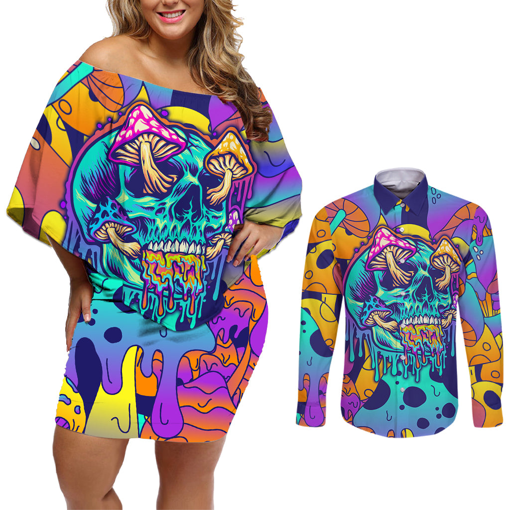 High Feel Skull Couples Matching Off Shoulder Short Dress and Long Sleeve Button Shirts What Is Heaven - Wonder Print Shop