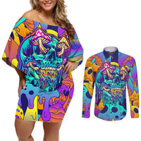 High Feel Skull Couples Matching Off Shoulder Short Dress and Long Sleeve Button Shirts What Is Heaven - Wonder Print Shop