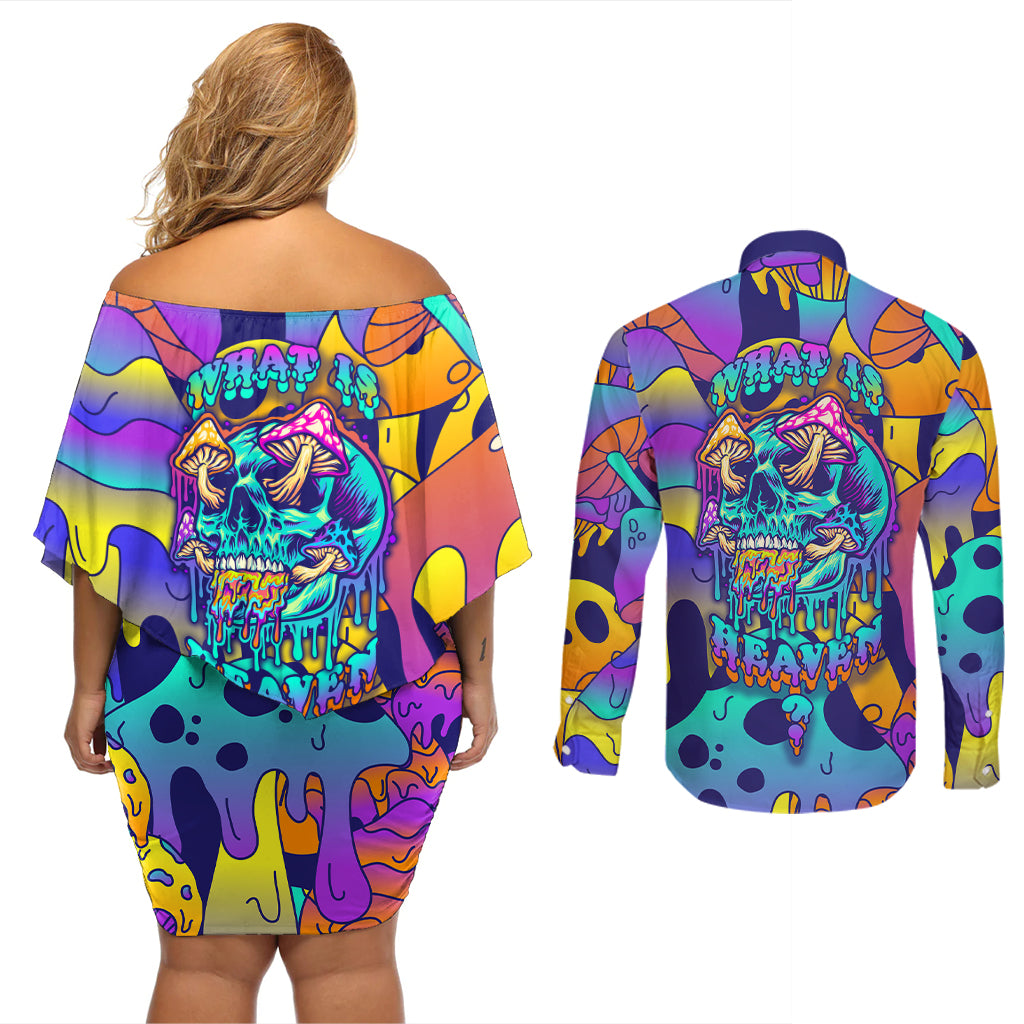 High Feel Skull Couples Matching Off Shoulder Short Dress and Long Sleeve Button Shirts What Is Heaven - Wonder Print Shop
