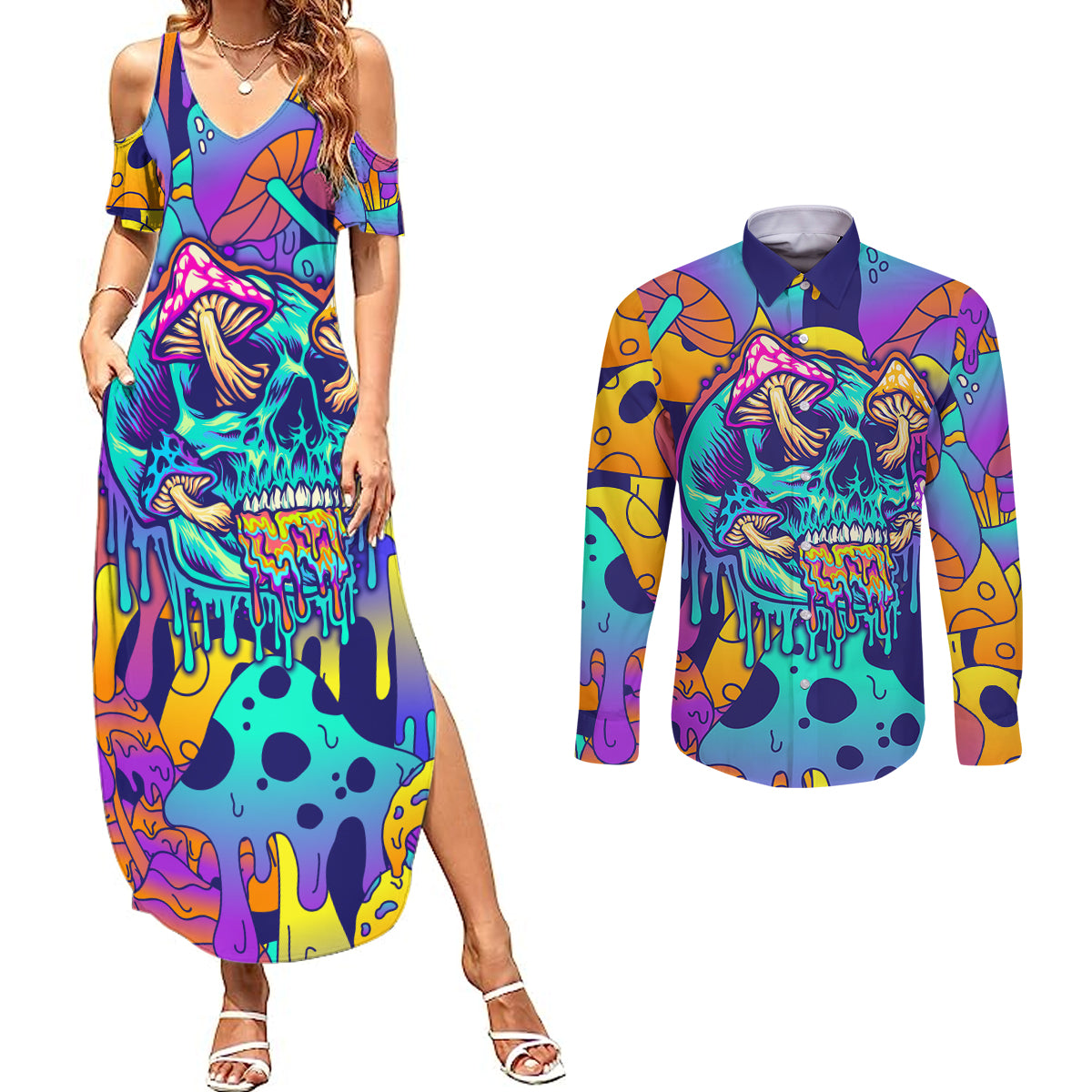 High Feel Skull Couples Matching Summer Maxi Dress and Long Sleeve Button Shirts What Is Heaven - Wonder Print Shop