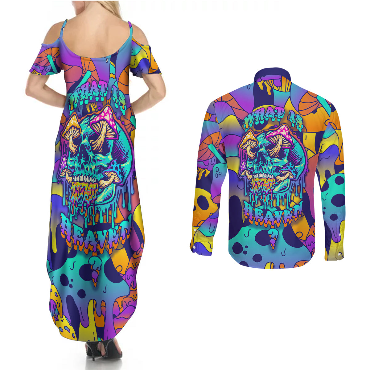 High Feel Skull Couples Matching Summer Maxi Dress and Long Sleeve Button Shirts What Is Heaven - Wonder Print Shop