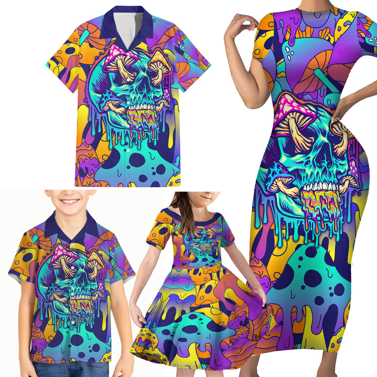High Feel Skull Family Matching Short Sleeve Bodycon Dress and Hawaiian Shirt What Is Heaven - Wonder Print Shop