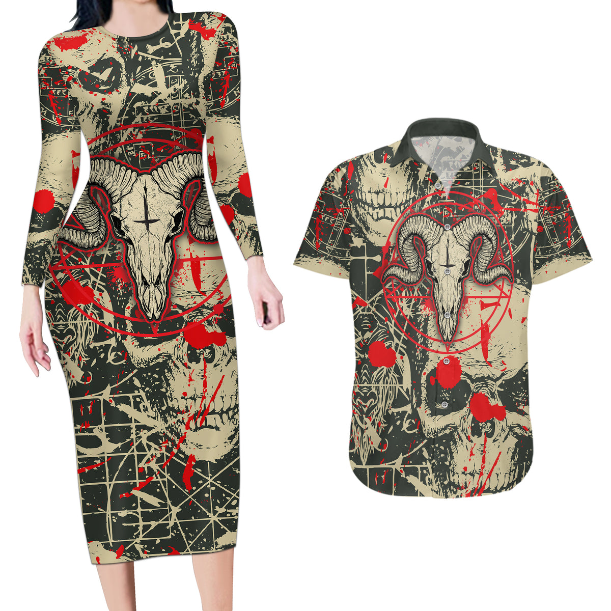 Skull Pattern Couples Matching Long Sleeve Bodycon Dress and Hawaiian Shirt Demon Art - Come With Me - Wonder Print Shop