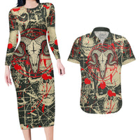 Skull Pattern Couples Matching Long Sleeve Bodycon Dress and Hawaiian Shirt Demon Art - Come With Me - Wonder Print Shop