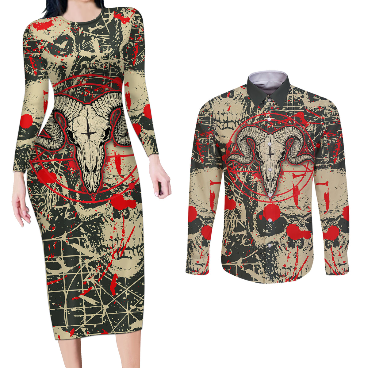Skull Pattern Couples Matching Long Sleeve Bodycon Dress and Long Sleeve Button Shirts Demon Art - Come With Me - Wonder Print Shop