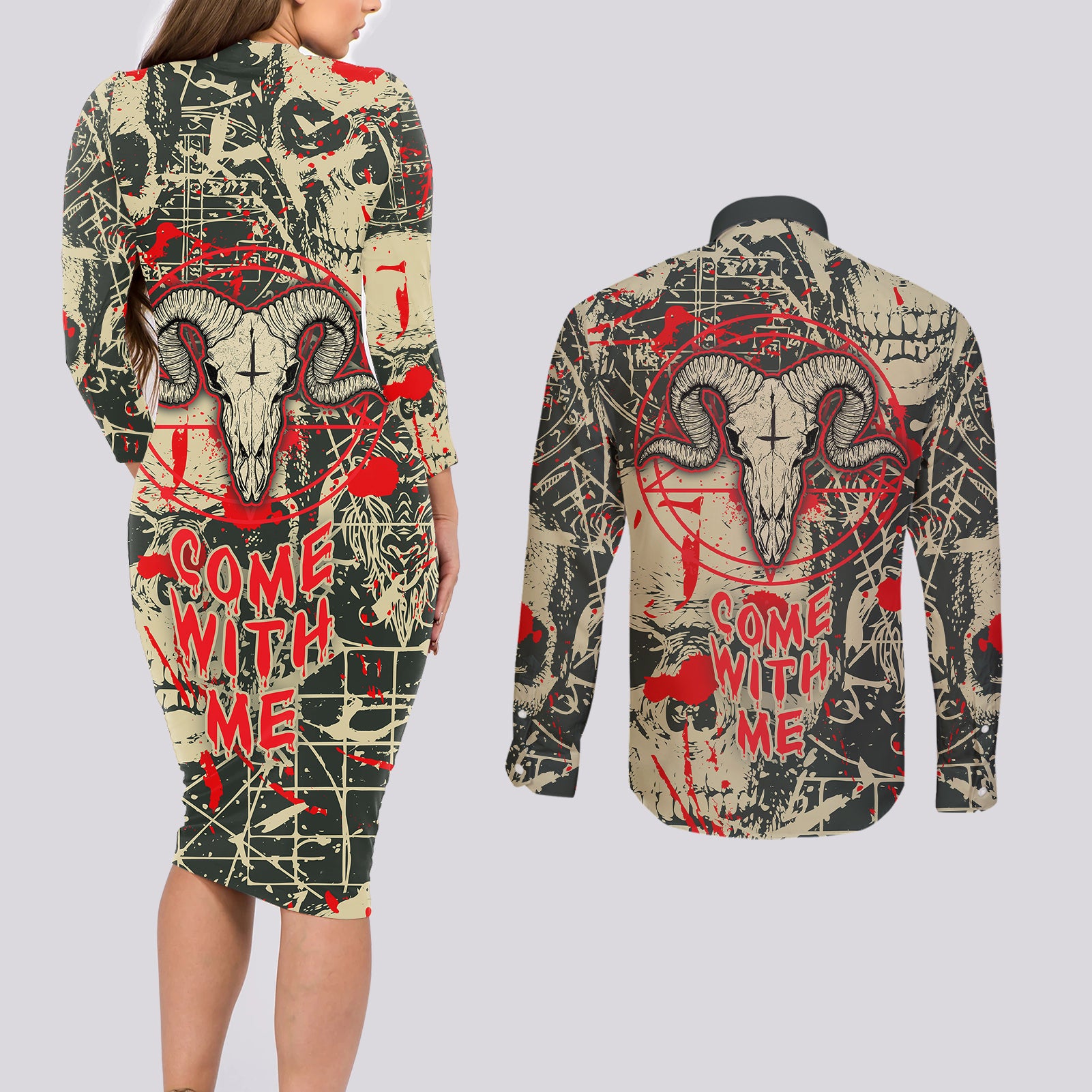 Skull Pattern Couples Matching Long Sleeve Bodycon Dress and Long Sleeve Button Shirts Demon Art - Come With Me - Wonder Print Shop