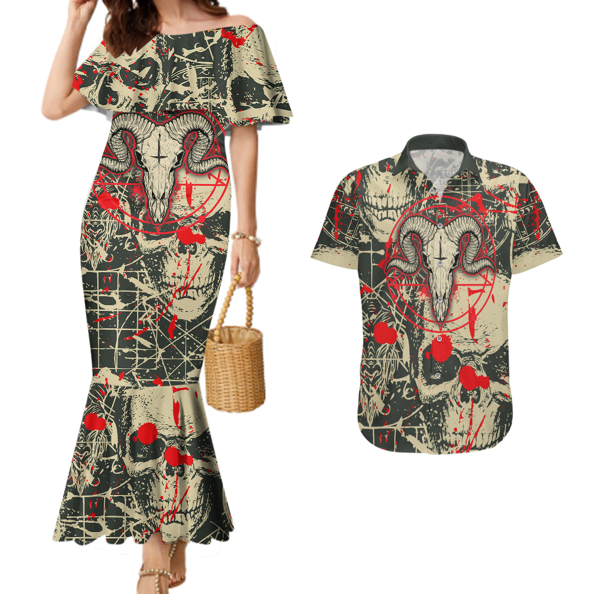Skull Pattern Couples Matching Mermaid Dress and Hawaiian Shirt Demon Art - Come With Me - Wonder Print Shop