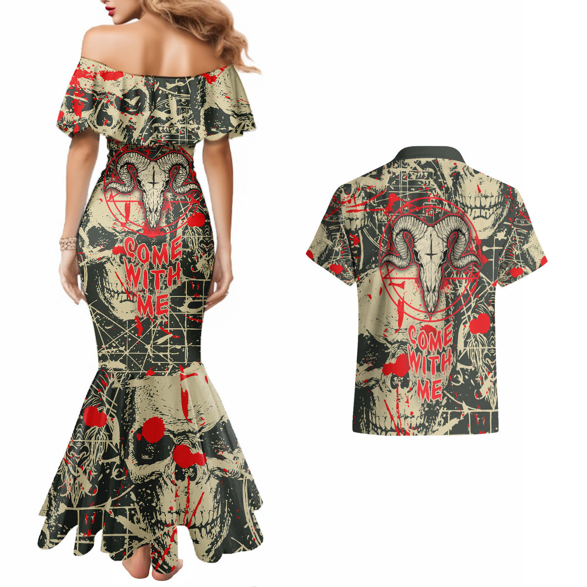 Skull Pattern Couples Matching Mermaid Dress and Hawaiian Shirt Demon Art - Come With Me - Wonder Print Shop