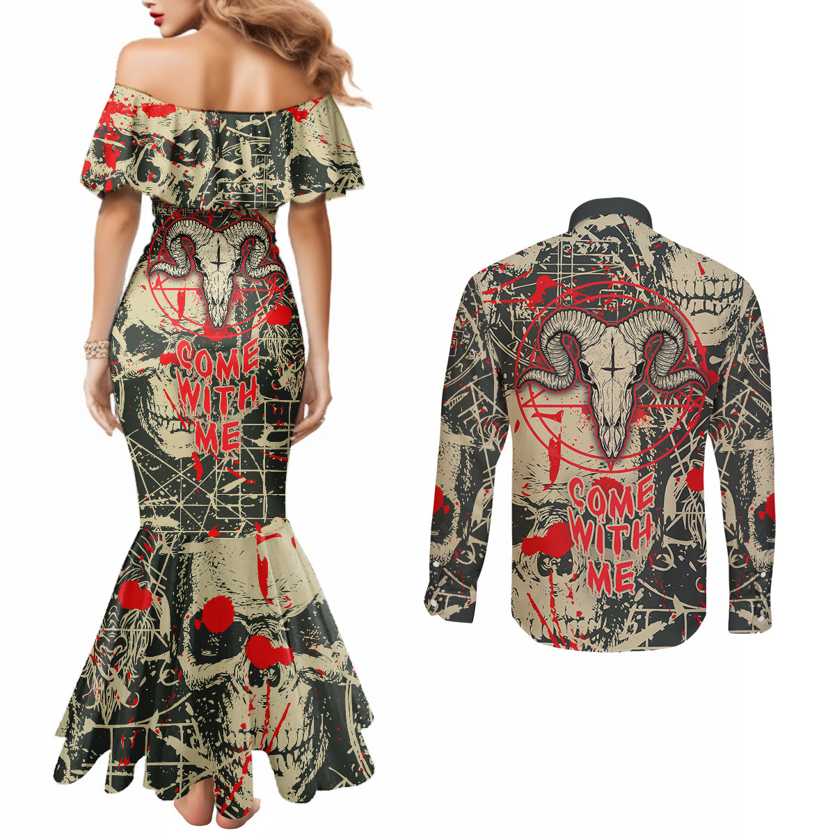 skull-pattern-couples-matching-mermaid-dress-and-long-sleeve-button-shirts-demon-art-come-with-me