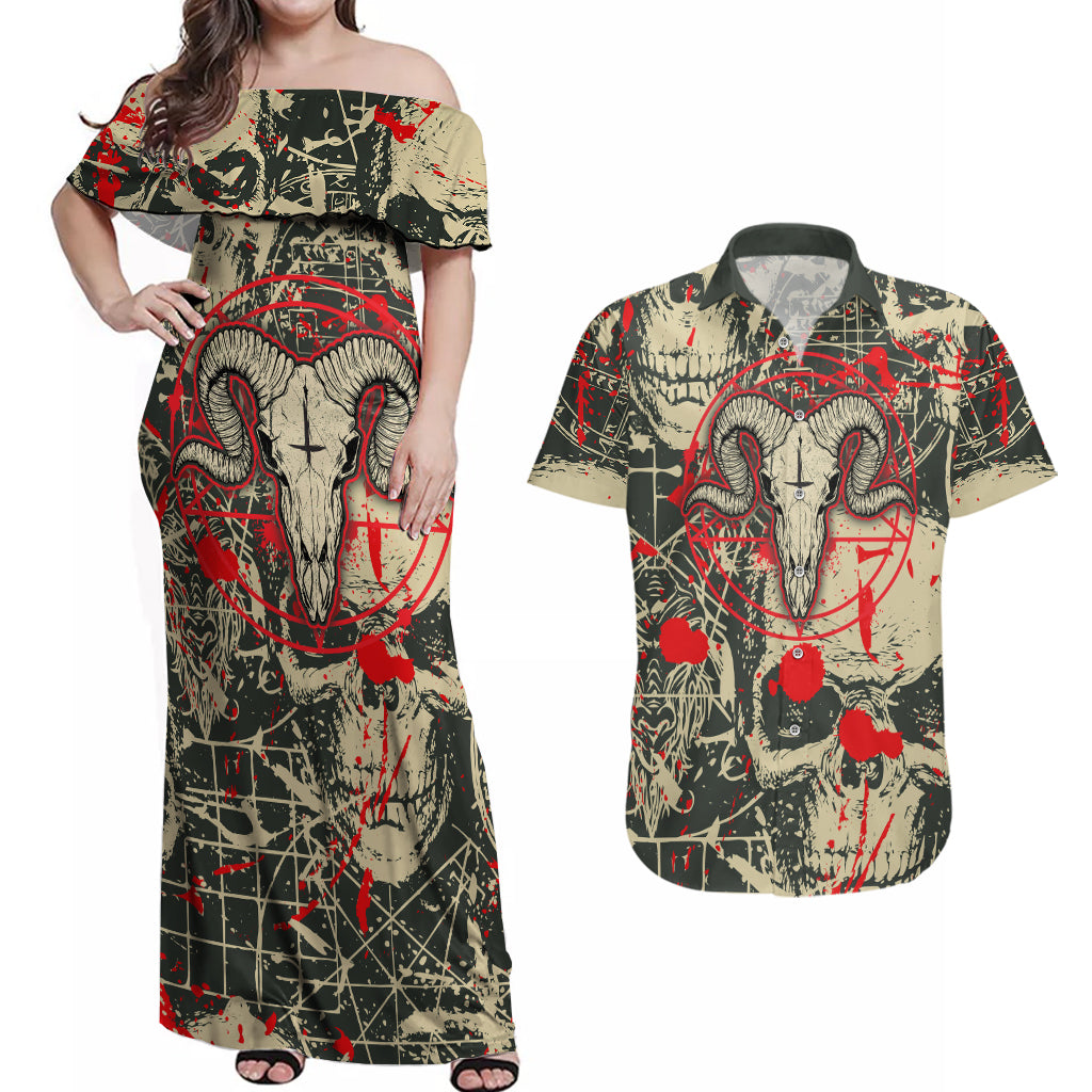 Skull Pattern Couples Matching Off Shoulder Maxi Dress and Hawaiian Shirt Demon Art - Come With Me - Wonder Print Shop