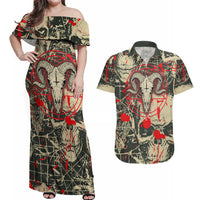 Skull Pattern Couples Matching Off Shoulder Maxi Dress and Hawaiian Shirt Demon Art - Come With Me - Wonder Print Shop