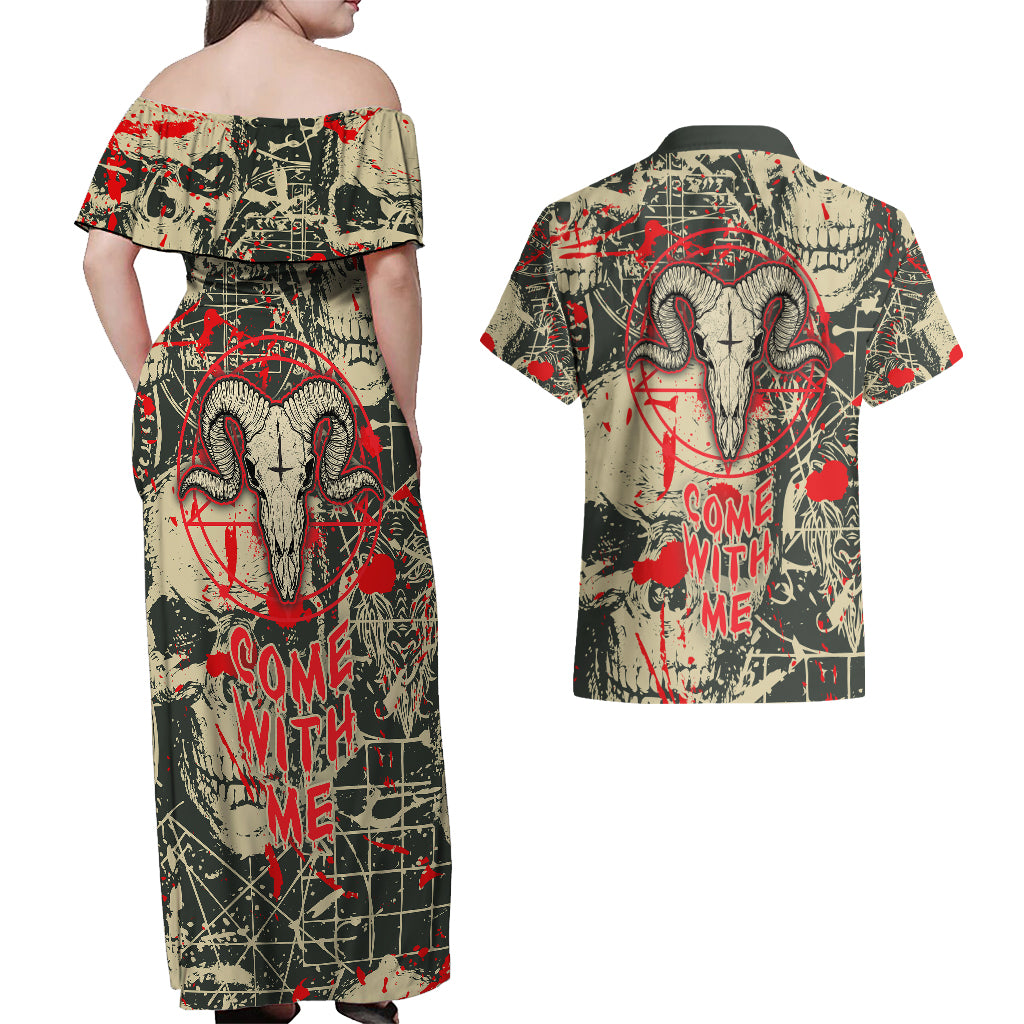 Skull Pattern Couples Matching Off Shoulder Maxi Dress and Hawaiian Shirt Demon Art - Come With Me - Wonder Print Shop