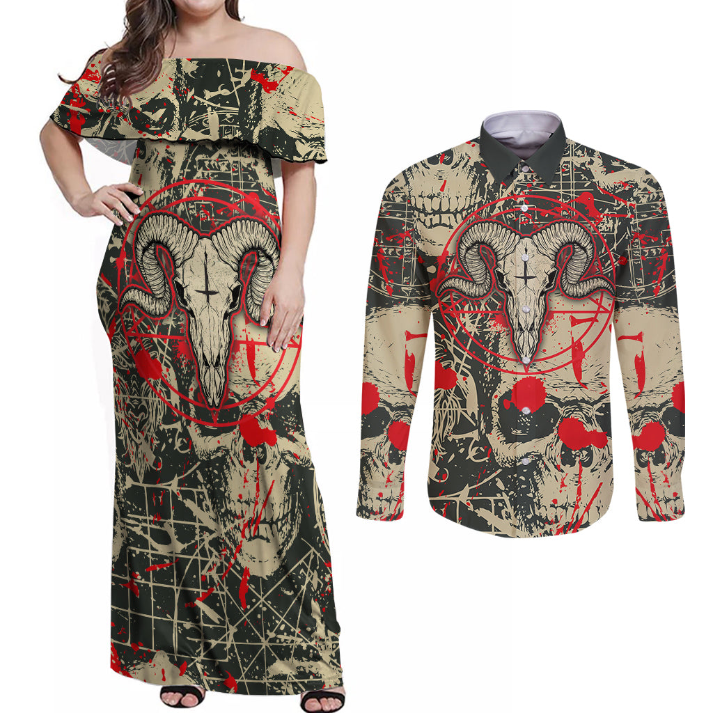 Skull Pattern Couples Matching Off Shoulder Maxi Dress and Long Sleeve Button Shirts Demon Art - Come With Me - Wonder Print Shop