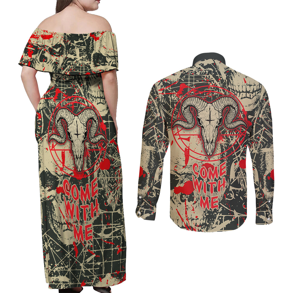 Skull Pattern Couples Matching Off Shoulder Maxi Dress and Long Sleeve Button Shirts Demon Art - Come With Me - Wonder Print Shop