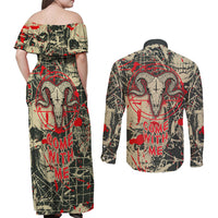 Skull Pattern Couples Matching Off Shoulder Maxi Dress and Long Sleeve Button Shirts Demon Art - Come With Me - Wonder Print Shop