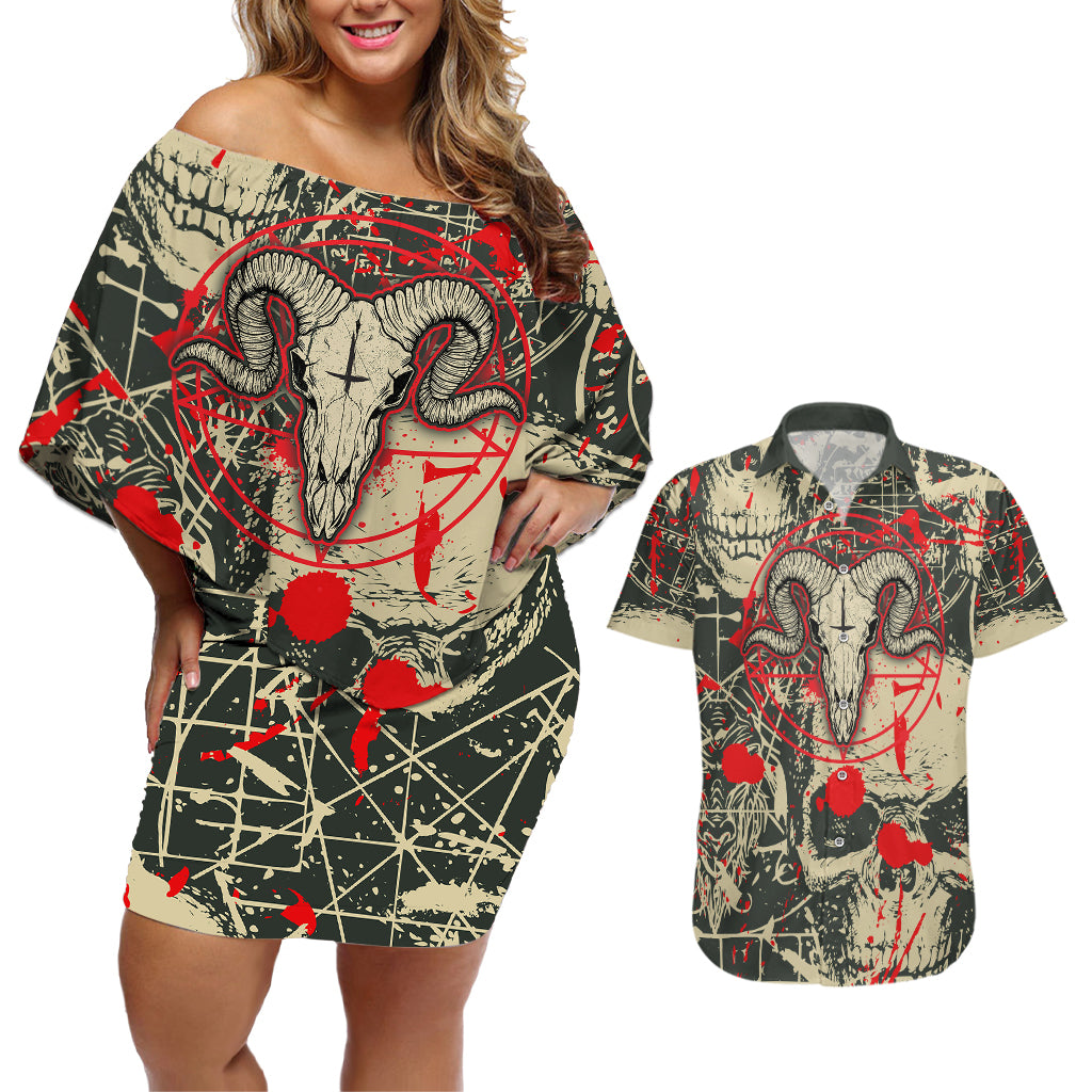 Skull Pattern Couples Matching Off Shoulder Short Dress and Hawaiian Shirt Demon Art - Come With Me - Wonder Print Shop