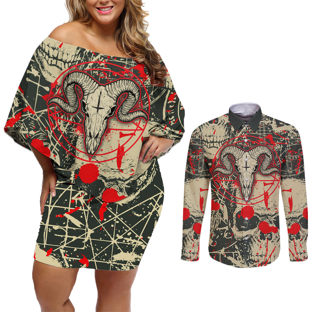 Skull Pattern Couples Matching Off Shoulder Short Dress and Long Sleeve Button Shirts Demon Art - Come With Me - Wonder Print Shop