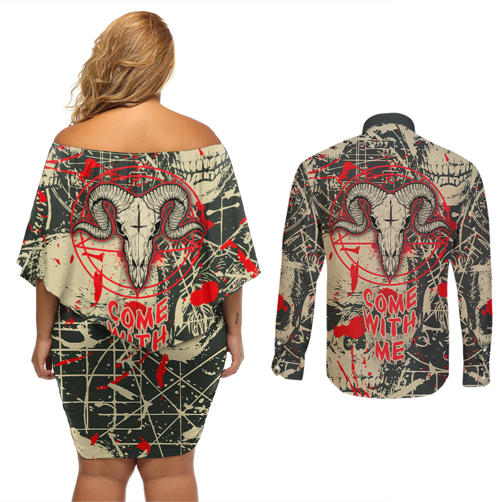 Skull Pattern Couples Matching Off Shoulder Short Dress and Long Sleeve Button Shirts Demon Art - Come With Me - Wonder Print Shop