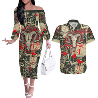Skull Pattern Couples Matching Off The Shoulder Long Sleeve Dress and Hawaiian Shirt Demon Art - Come With Me - Wonder Print Shop