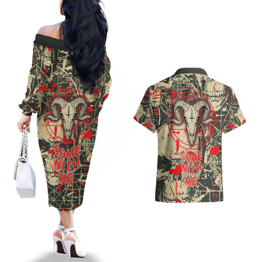 Skull Pattern Couples Matching Off The Shoulder Long Sleeve Dress and Hawaiian Shirt Demon Art - Come With Me - Wonder Print Shop