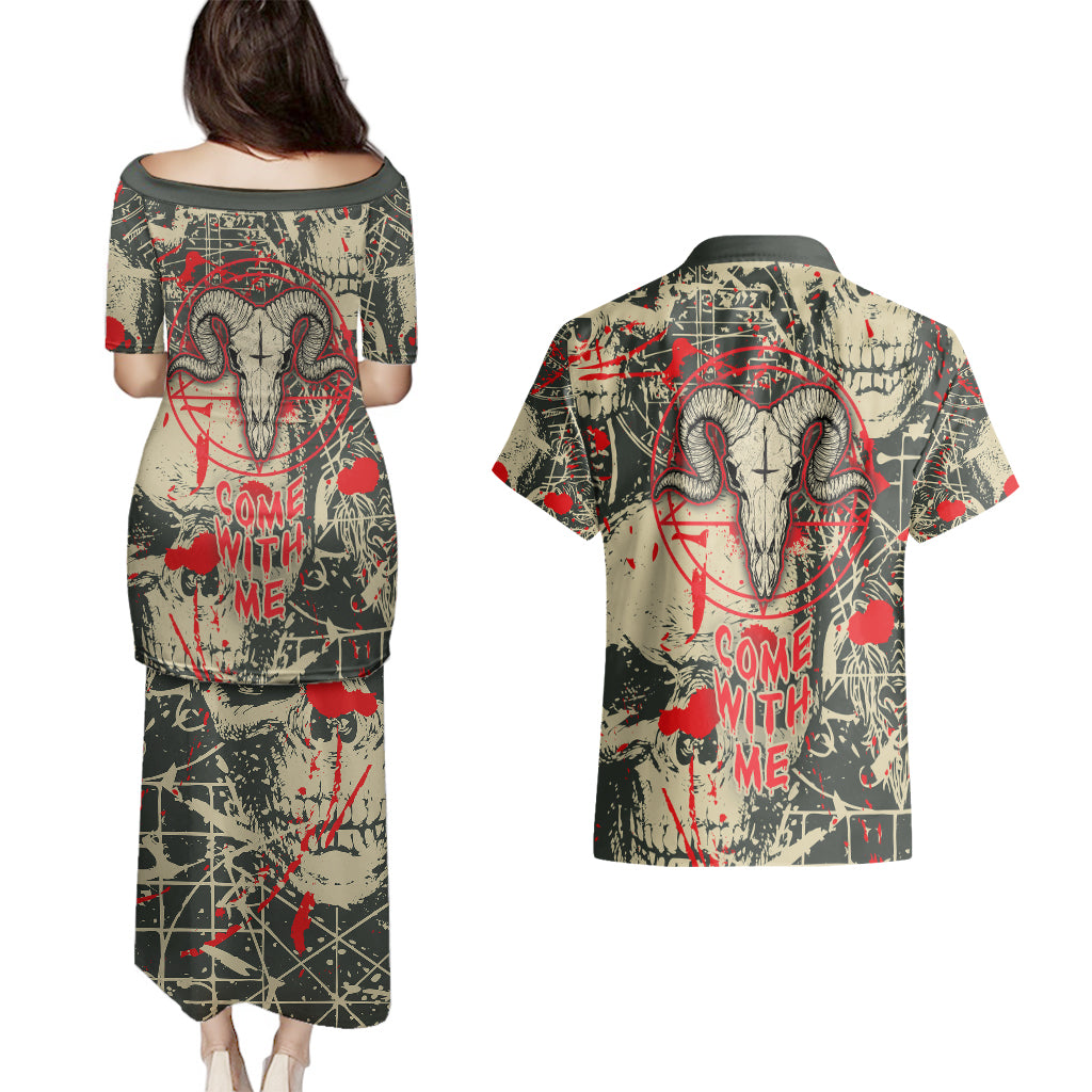 Skull Pattern Couples Matching Puletasi Dress and Hawaiian Shirt Demon Art - Come With Me - Wonder Print Shop