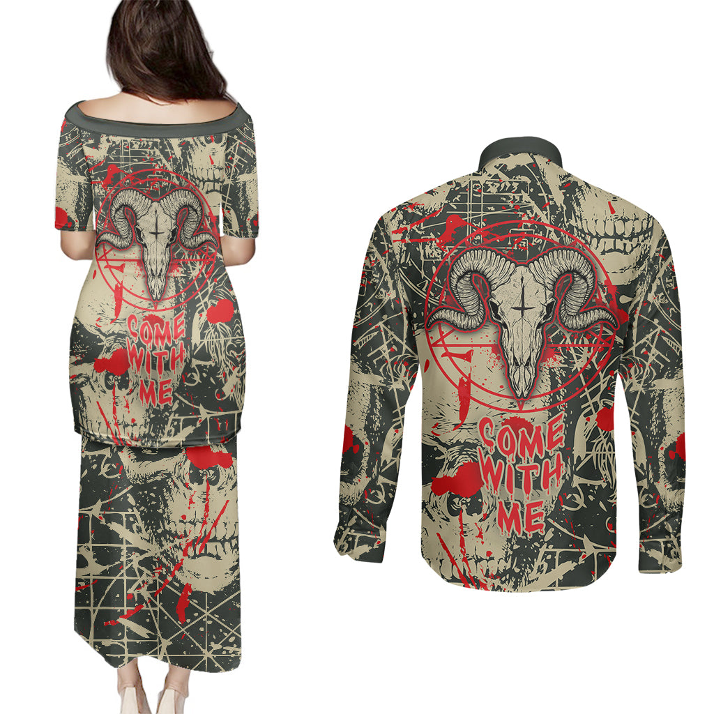 Skull Pattern Couples Matching Puletasi Dress and Long Sleeve Button Shirts Demon Art - Come With Me - Wonder Print Shop