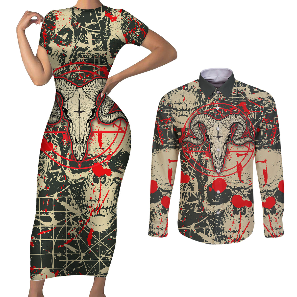 Skull Pattern Couples Matching Short Sleeve Bodycon Dress and Long Sleeve Button Shirts Demon Art - Come With Me - Wonder Print Shop