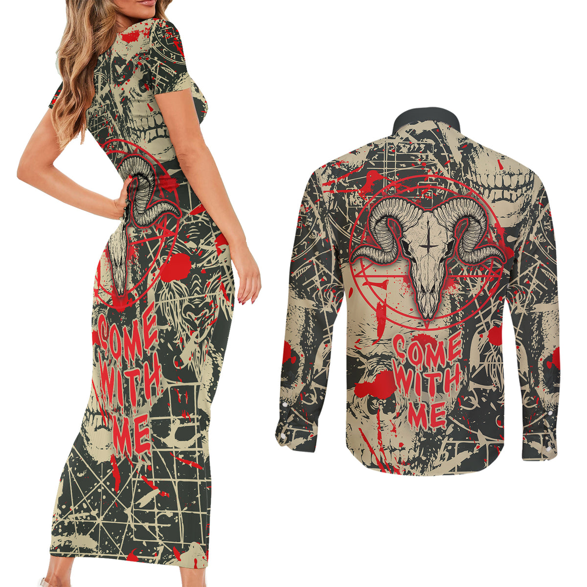 Skull Pattern Couples Matching Short Sleeve Bodycon Dress and Long Sleeve Button Shirts Demon Art - Come With Me - Wonder Print Shop