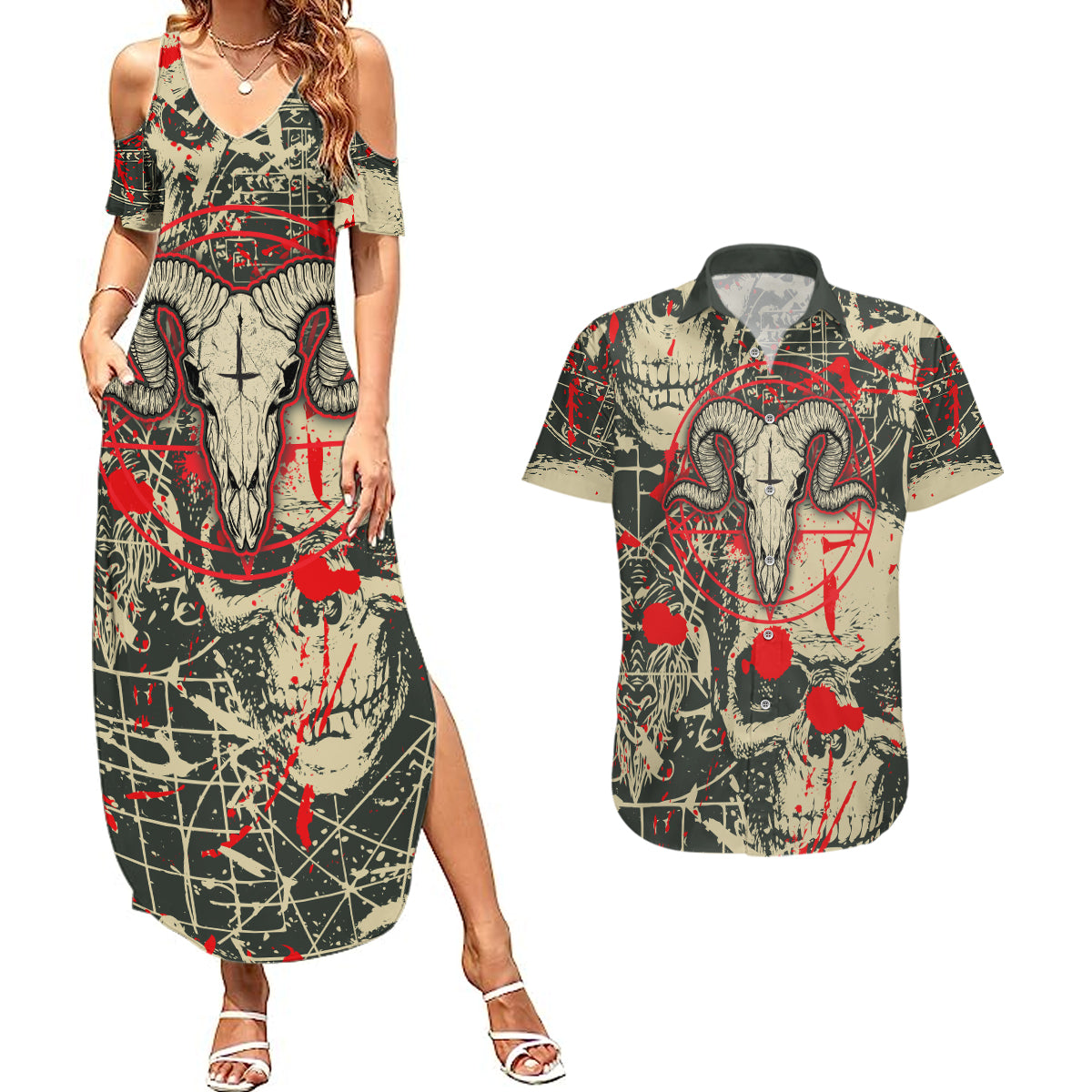 Skull Pattern Couples Matching Summer Maxi Dress and Hawaiian Shirt Demon Art - Come With Me - Wonder Print Shop