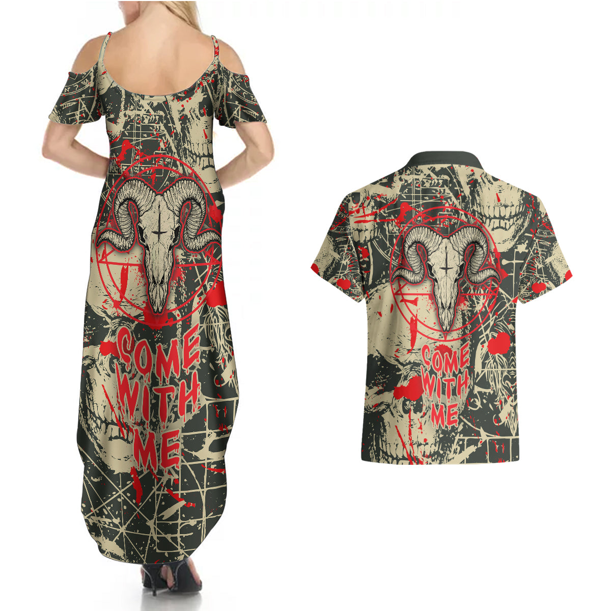 Skull Pattern Couples Matching Summer Maxi Dress and Hawaiian Shirt Demon Art - Come With Me - Wonder Print Shop