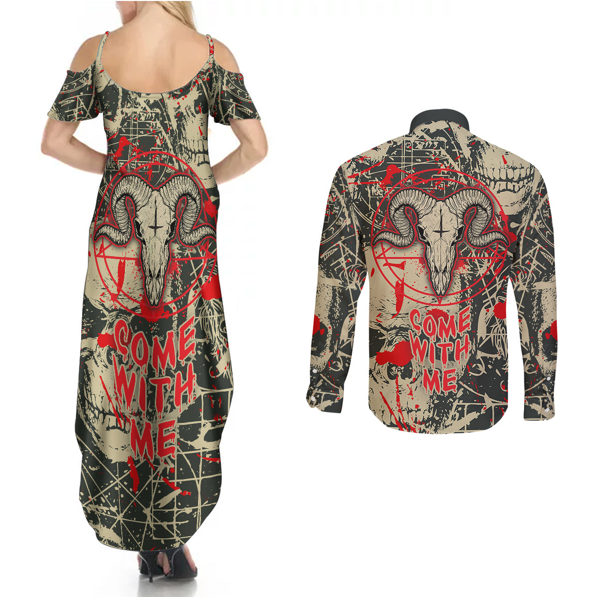Skull Pattern Couples Matching Summer Maxi Dress and Long Sleeve Button Shirts Demon Art - Come With Me - Wonder Print Shop