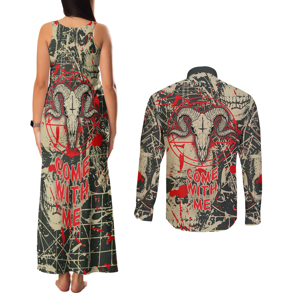Skull Pattern Couples Matching Tank Maxi Dress and Long Sleeve Button Shirts Demon Art - Come With Me - Wonder Print Shop