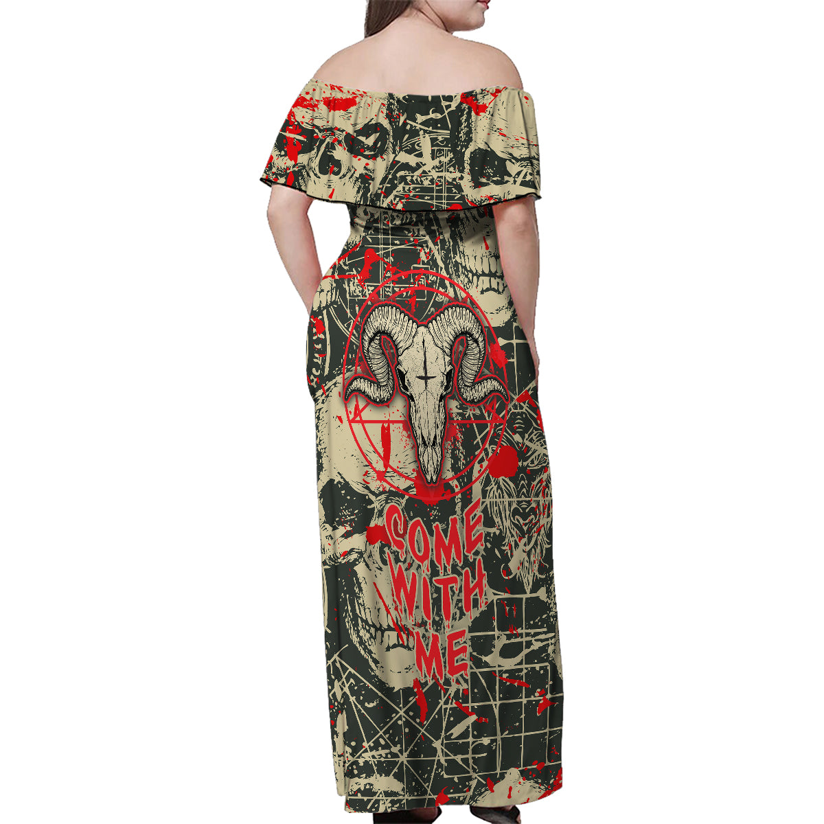 Skull Pattern Family Matching Off Shoulder Maxi Dress and Hawaiian Shirt Demon Art - Come With Me - Wonder Print Shop