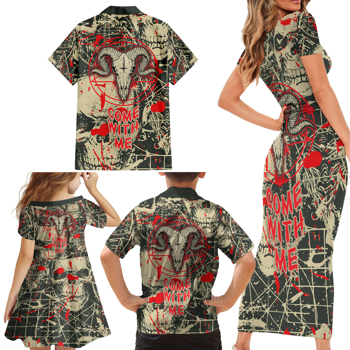 Skull Pattern Family Matching Short Sleeve Bodycon Dress and Hawaiian Shirt Demon Art - Come With Me - Wonder Print Shop