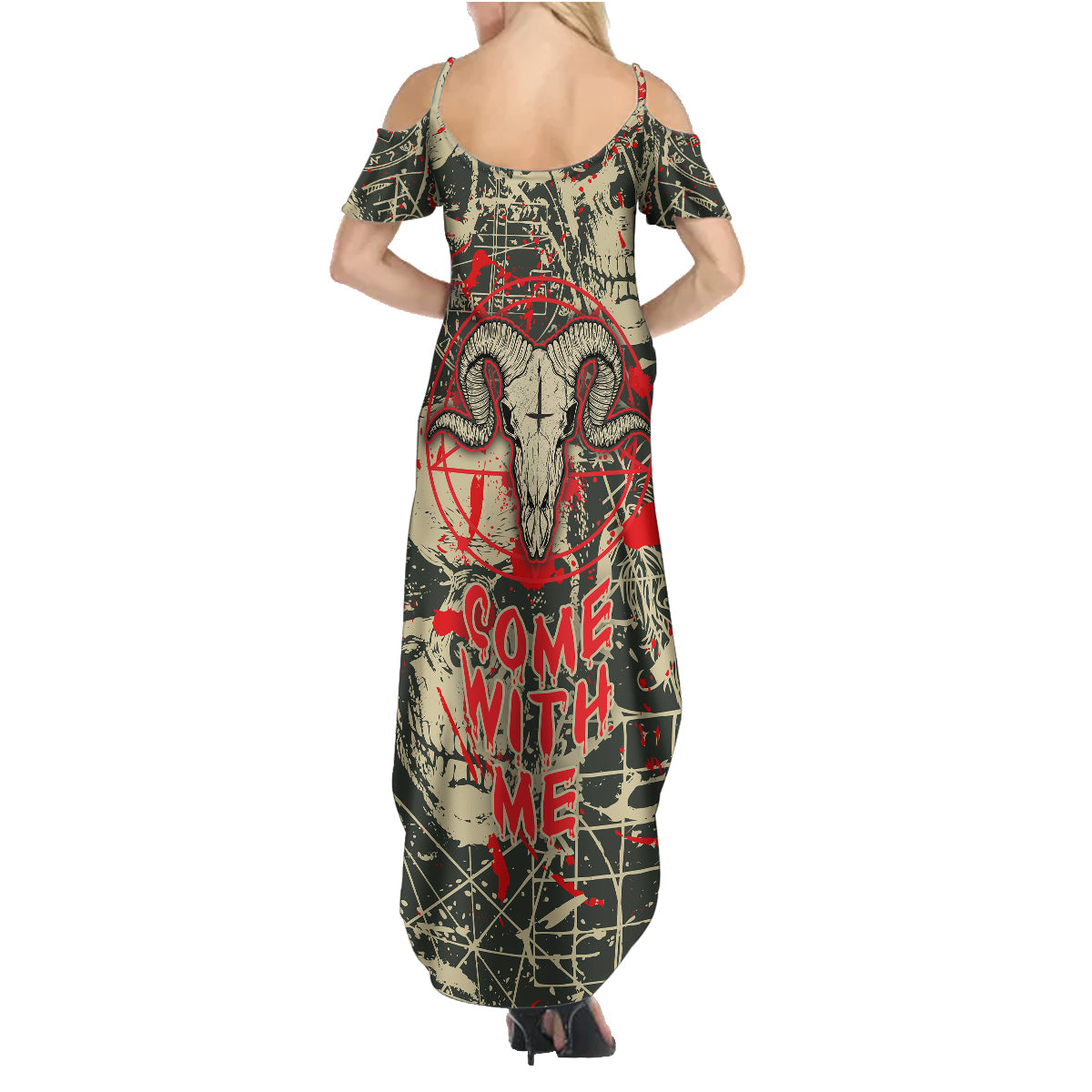 Skull Pattern Family Matching Summer Maxi Dress and Hawaiian Shirt Demon Art - Come With Me - Wonder Print Shop