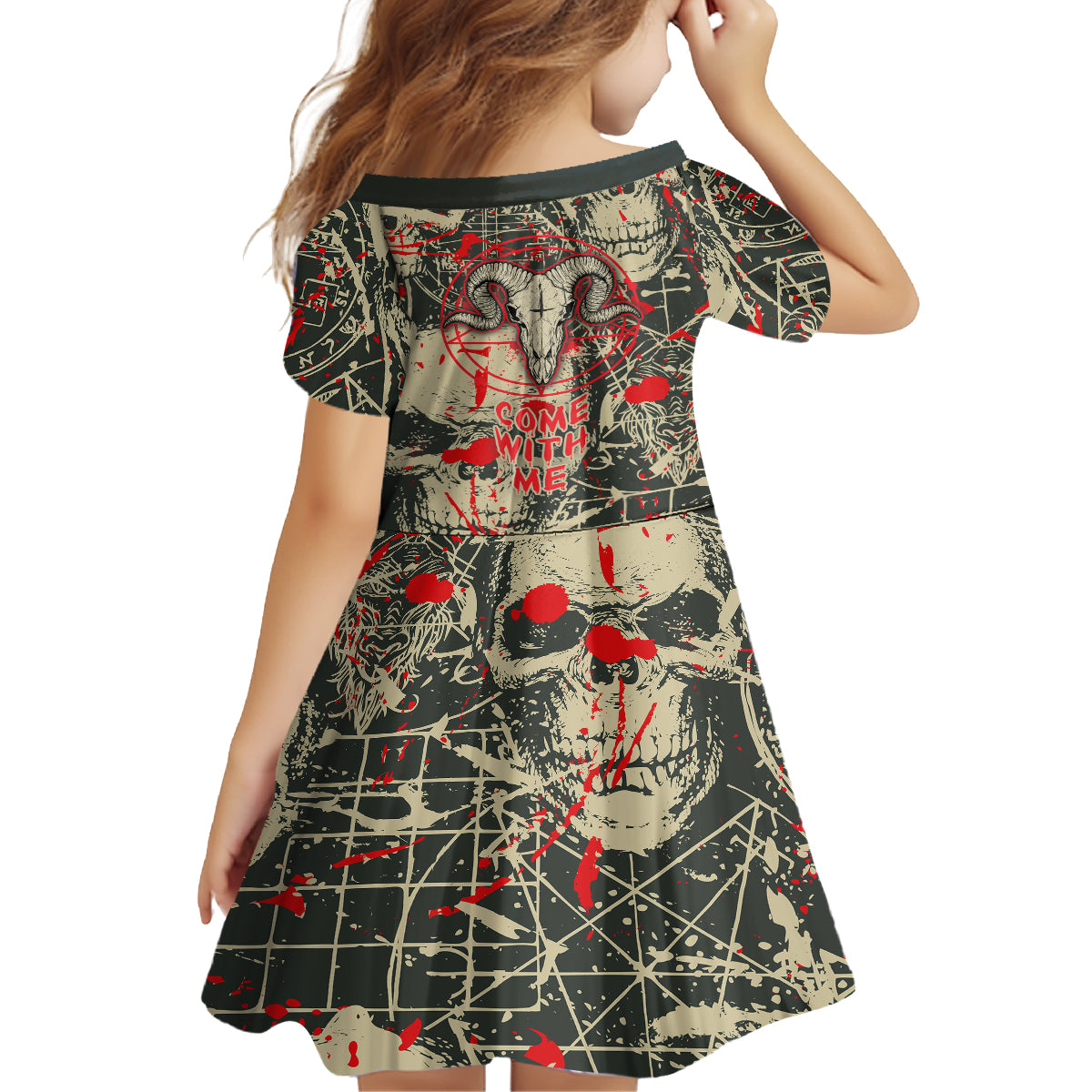 Skull Pattern Kid Short Sleeve Dress Demon Art - Come With Me - Wonder Print Shop