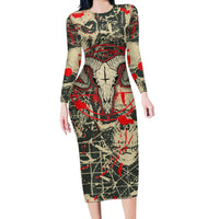 Skull Pattern Long Sleeve Bodycon Dress Demon Art - Come With Me - Wonder Print Shop