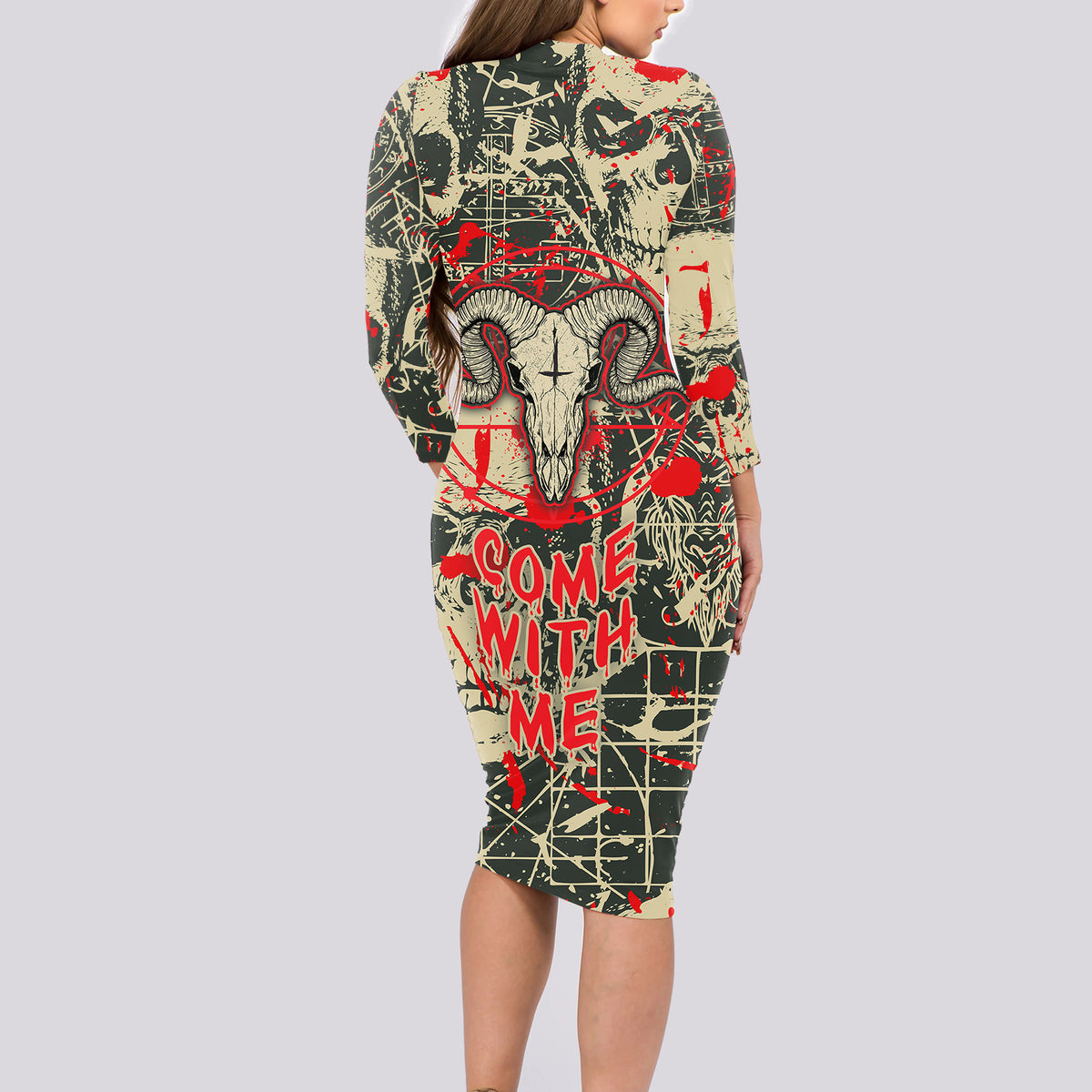 Skull Pattern Long Sleeve Bodycon Dress Demon Art - Come With Me - Wonder Print Shop