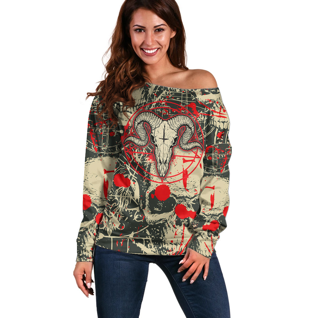 Skull Pattern Off Shoulder Sweater Demon Art - Come With Me - Wonder Print Shop