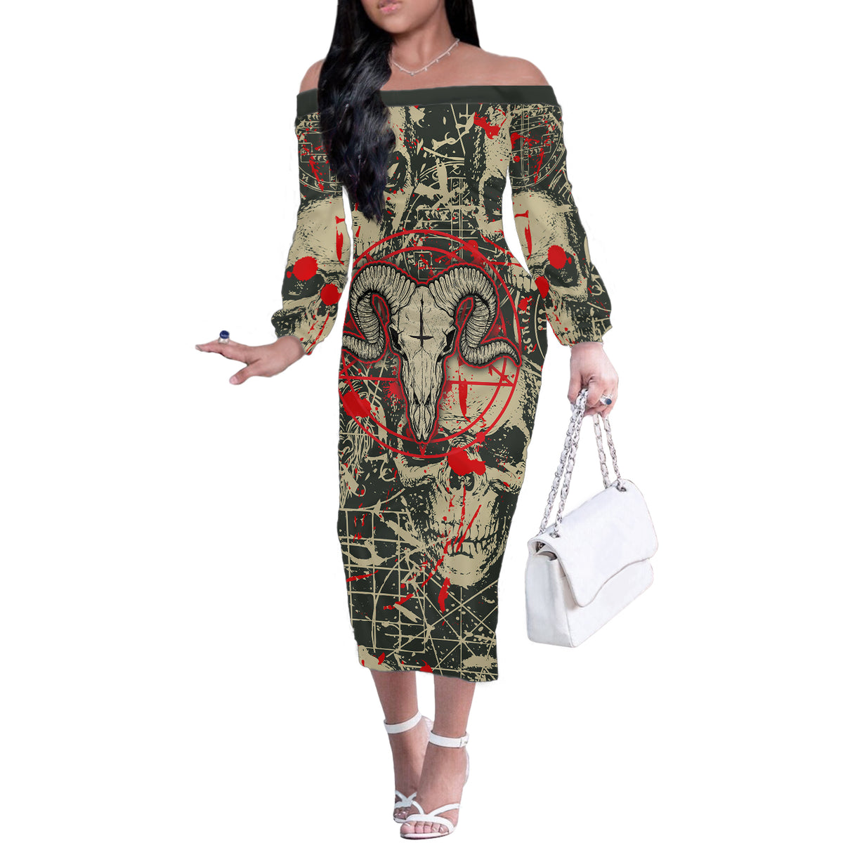 Skull Pattern Off The Shoulder Long Sleeve Dress Demon Art - Come With Me - Wonder Print Shop