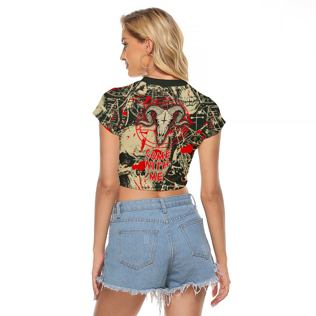 Skull Pattern Raglan Cropped T Shirt Demon Art - Come With Me - Wonder Print Shop