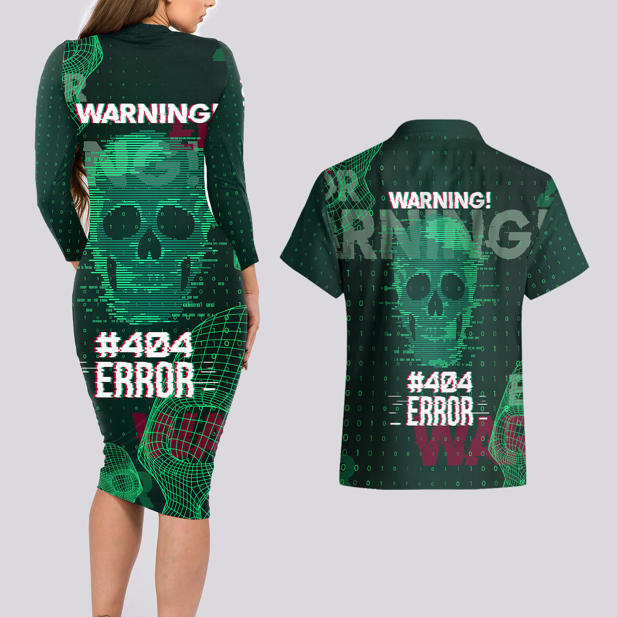 Technology Skull Couples Matching Long Sleeve Bodycon Dress and Hawaiian Shirt Warning - Erro 404 - Wonder Print Shop
