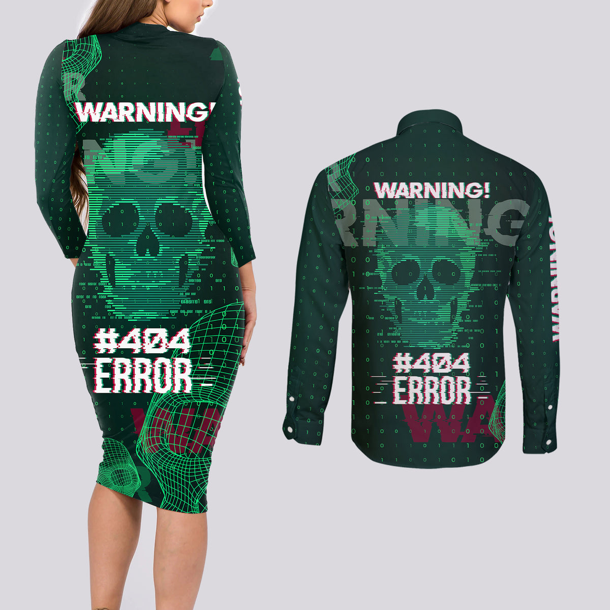 Technology Skull Couples Matching Long Sleeve Bodycon Dress and Long Sleeve Button Shirts Warning - Erro 404 - Wonder Print Shop