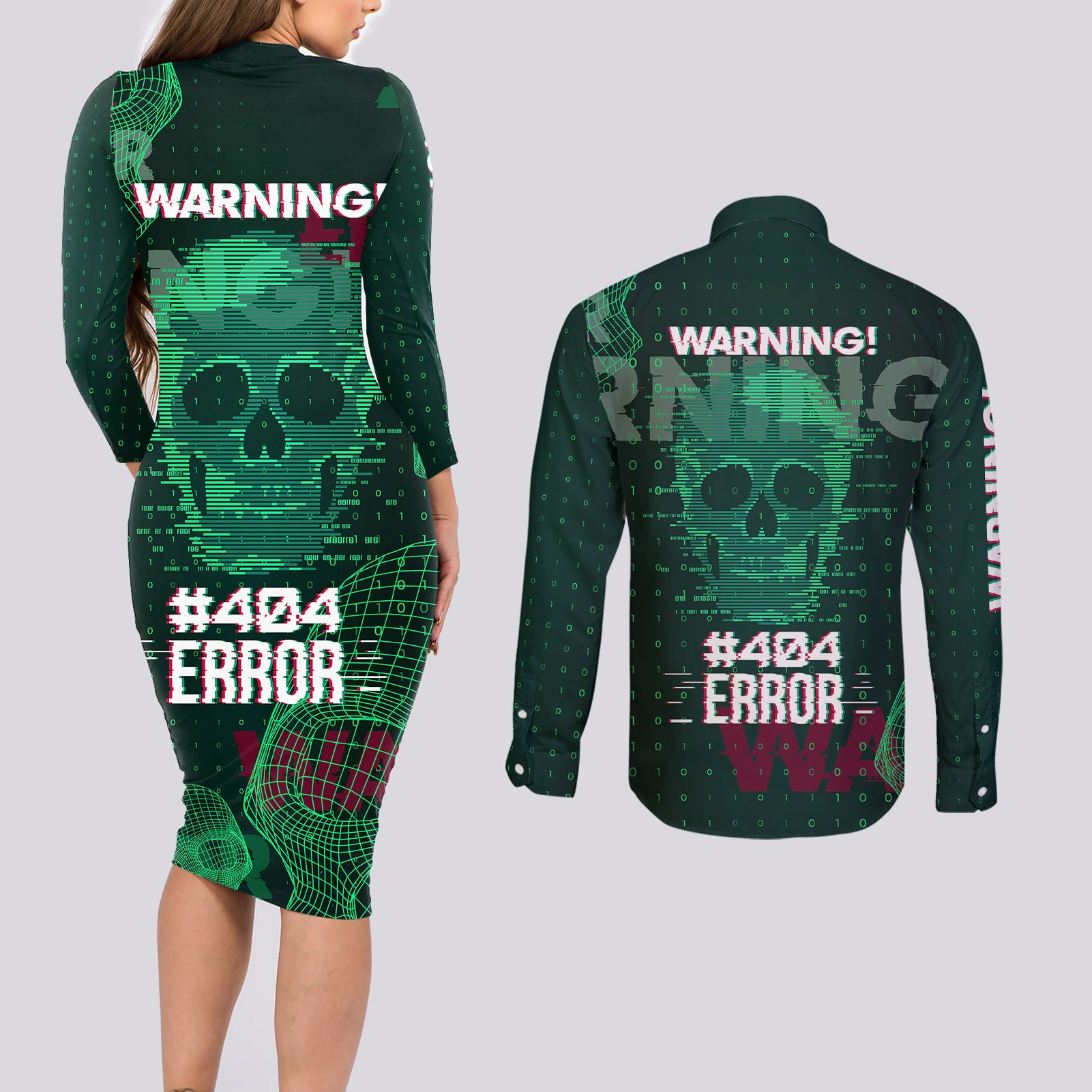 Technology Skull Couples Matching Long Sleeve Bodycon Dress and Long Sleeve Button Shirts Warning - Erro 404 - Wonder Print Shop