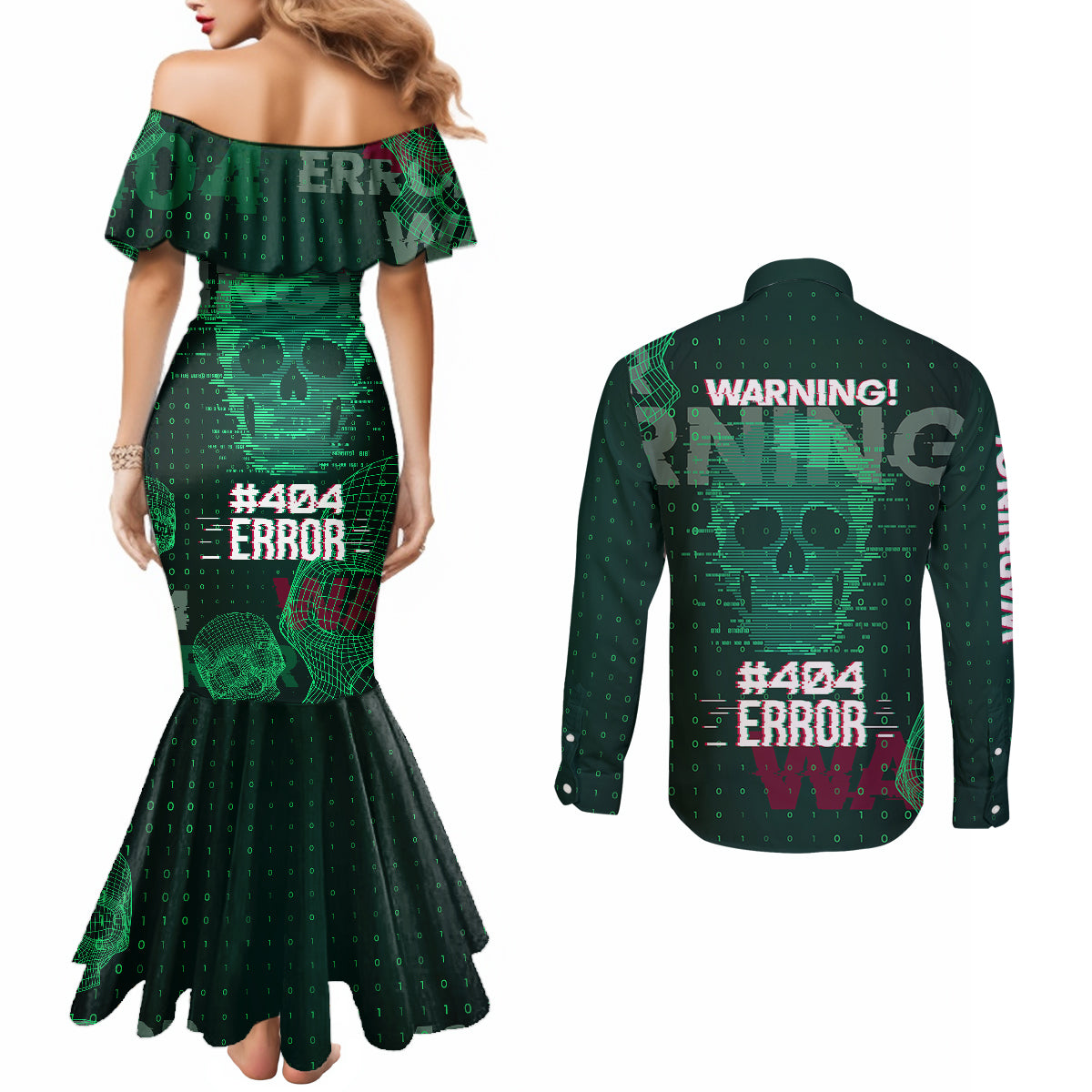 technology-skull-couples-matching-mermaid-dress-and-long-sleeve-button-shirts-warning-erro-404