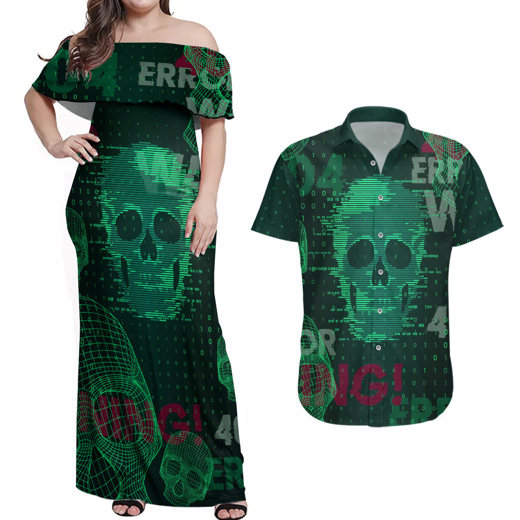 Technology Skull Couples Matching Off Shoulder Maxi Dress and Hawaiian Shirt Warning - Erro 404 - Wonder Print Shop